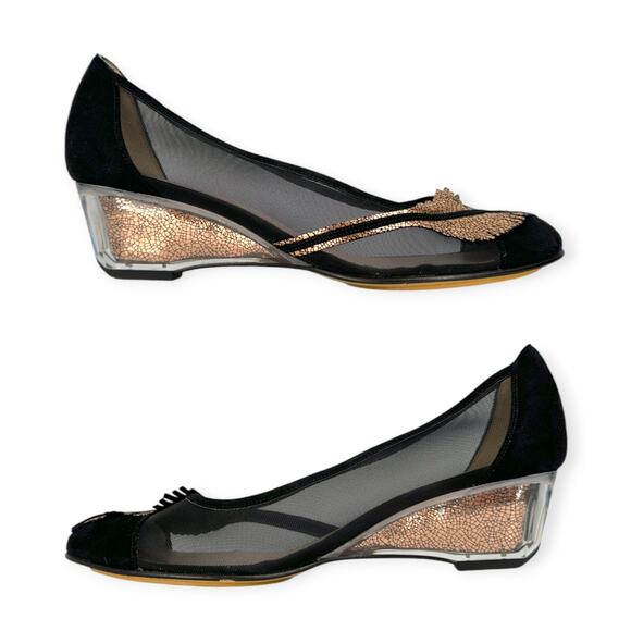 Heyraud | 38.5 | Black Mesh Copper Leaf Embellished Clear Heel Slip-On Shoe - Picture 6 of 11